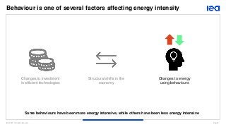 IEA 2021. All rights reserved. Page 5
Behaviour is one of several factors affecting energy intensity
Changes to investment
in efficient technologies
Structural shifts in the
economy
Changes to energy
using behaviours
Some behaviours have been more energy intensive, while others have been less energy intensive
 