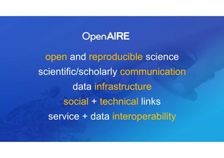 open and reproducible science
scientific/scholarly communication
data infrastructure
social + technical links
service + data interoperability
 