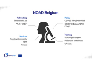 Repositoryinteroperability
RDM
Amnesia
Workshopsin Belgium
Presencein conferences
OA week
Connect with government
CIS-CFS / Belspo / EWI
CFWB
Networking
Openaccess.be
VLIR / CREF
Services
Policy
Training
NOAD Belgium
 