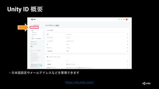 ・日本語設定やメールアドレスなどを管理できます
https://id.unity.com/
Unity ID 概要
 