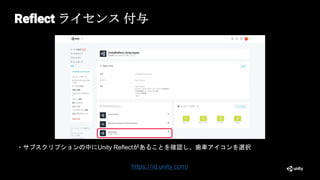 Reflect ライセンス 付与
・サブスクリプションの中にUnity Reflectがあることを確認し、歯車アイコンを選択
https://id.unity.com/
 