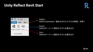 Unity Reflect Revit Start
Reflect
Reflect Dashboard（書き出されたモデルの管理）を開く
Export
Reflectサーバーに静的なモデルを書き出す
Sync
Reflectサーバーに動的なモデルを書き出す
 