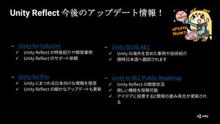 – Unity for Industry
✓ Unity Reflect の特長紹介や開発事例
✓ Unity Reflect のサポート依頼
– Unity for Pro
✓ Unity にまつわる日本向けな情報を発信
✓ Unity Reflect の細かなアップデートも更新
Unity Reflect 今後のアップデート情報！
– Unity BLOG AEC
✓ Unity の海外を含めた事例や技術紹介
✓ 随時日本語へ翻訳されます
– Unity in AEC Public Roadmap
✓ Unity Reflect の開発状況
✓ 欲しい機能を投稿可能
✓ アイデアに投票すると開発の進み具合が更新され
る
 