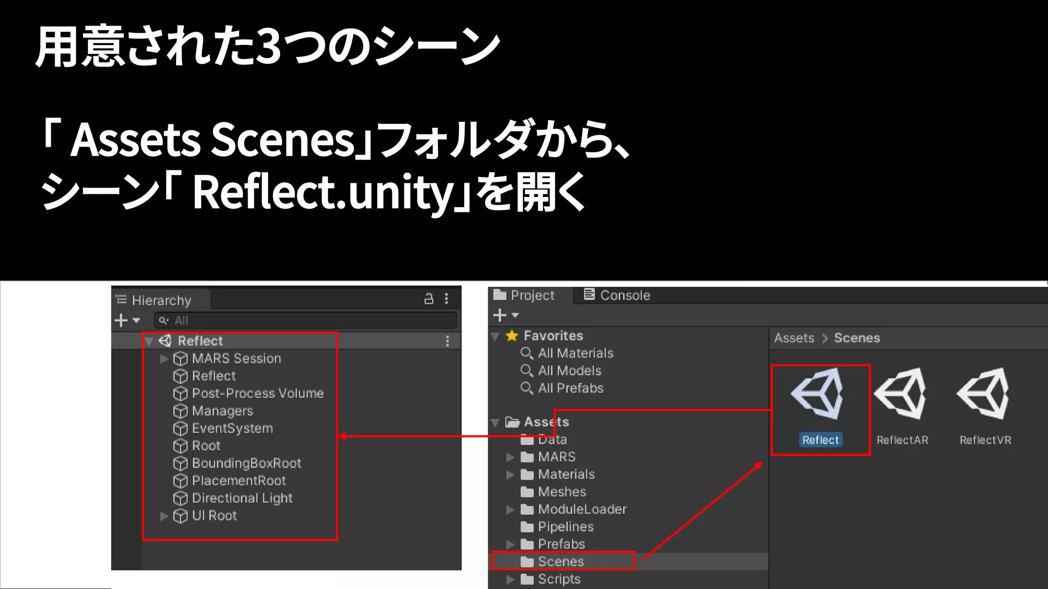 「 Assets Scenes」フォルダから、
シーン「 Reflect.unity」を開く
 