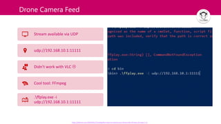 Drone Camera Feed
Stream available via UDP
udp://192.168.10.1:11111
Didn’t work with VLC 
Cool tool: FFmpeg
.ffplay.exe -i
udp://192.168.10.1:11111
https://elbruno.com/2020/02/17/coding4fun-how-to-control-your-drone-with-20-lines-of-code-7-n/
 