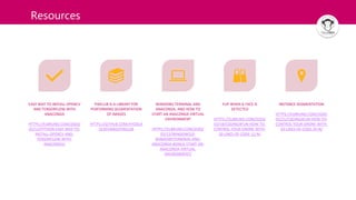 Resources
EASY WAY TO INSTALL OPENCV
AND TENSORFLOW WITH
ANACONDA
HTTPS://ELBRUNO.COM/2020/
05/12/PYTHON-EASY-WAY-TO-
INSTALL-OPENCV-AND-
TENSORFLOW-WITH-
ANACONDA/
PIXELLIB IS A LIBRARY FOR
PERFORMING SEGMENTATION
OF IMAGES
HTTPS://GITHUB.COM/AYOOLA
OLAFENWA/PIXELLIB
WINDOWS TERMINAL AND
ANACONDA. AND HOW TO
START AN ANACONDA VIRTUAL
ENVIRONMENT
HTTPS://ELBRUNO.COM/2020/
05/13/WINDOWS10-
WINDOWSTERMINAL-AND-
ANACONDA-BONUS-START-AN-
ANACONDA-VIRTUAL-
ENVIRONMENT/
FLIP WHEN A FACE IS
DETECTED
HTTPS://ELBRUNO.COM/2020/
03/18/CODING4FUN-HOW-TO-
CONTROL-YOUR-DRONE-WITH-
20-LINES-OF-CODE-12-N/
INSTANCE SEGMENTATION
HTTPS://ELBRUNO.COM/2020/
05/21/CODING4FUN-HOW-TO-
CONTROL-YOUR-DRONE-WITH-
20-LINES-OF-CODE-20-N/
 