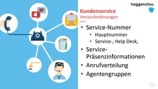 Kundenservice
Herausforderungen
• Service-Nummer
• Hauptnummer
• Service-, Help Desk,
• Service-
Präsenzinformationen
• Anrufverteilung
• Agentengruppen
10
 