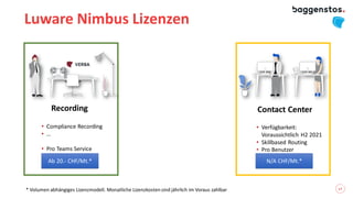 17
Luware Nimbus Lizenzen
Recording Contact Center
Ab 20.- CHF/Mt.* N/A CHF/Mt.*
• Compliance Recording
• …
• Pro Teams Service
• Verfügbarkeit:
Voraussichtlich H2 2021
• Skillbased Routing
• Pro Benutzer
* Volumen abhängiges Lizenzmodell. Monatliche Lizenzkosten sind jährlich im Voraus zahlbar
 