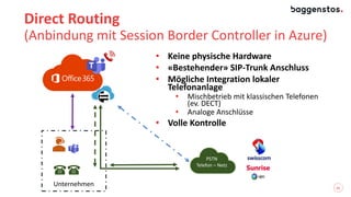 15
Direct Routing
(Anbindung mit Session Border Controller in Azure)
PSTN
Telefon – Netz
Unternehmen
• Keine physische Hardware
• «Bestehender» SIP-Trunk Anschluss
• Mögliche Integration lokaler
Telefonanlage
• Mischbetrieb mit klassischen Telefonen
(ev. DECT)
• Analoge Anschlüsse
• Volle Kontrolle
 
