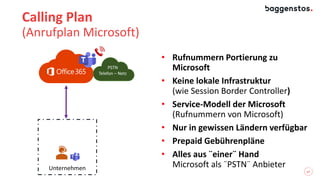17
Calling Plan
(Anrufplan Microsoft)
Unternehmen
PSTN
Telefon – Netz
• Rufnummern Portierung zu
Microsoft
• Keine lokale Infrastruktur
(wie Session Border Controller)
• Service-Modell der Microsoft
(Rufnummern von Microsoft)
• Nur in gewissen Ländern verfügbar
• Prepaid Gebührenpläne
• Alles aus ¨einer¨ Hand
Microsoft als ¨PSTN¨ Anbieter
 