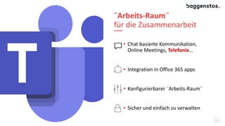 ¨Arbeits-Raum¨
für die Zusammenarbeit
• Chat basierte Kommunikation,
Online Meetings, Telefonie…
• Integration in Office 365 apps
• Konfigurierbarer ¨Arbeits-Raum¨
• Sicher und einfach zu verwalten
8
 