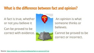 What is the difference between fact and opinion?
A fact is true, whether
or not you believe it
Can be proved to be
correct with evidence.
An opinion is what
someone thinks or
believes.
Cannot be proved to be
correct or incorrect.
Source: https://www.bbc.co.uk/teach/skillswise/fact-or-opinion/z4r7cqt
 