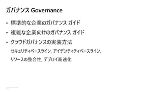 ©Microsoft Corporation
Azure
ガバナンス Governance
• 標準的な企業のガバナンス ガイド
• 複雑な企業向けのガバナンス ガイド
• クラウドガバナンスの実装方法
セキュリティベースライン, アイデンティティベースライン,
リソースの整合性, デプロイ高速化
 