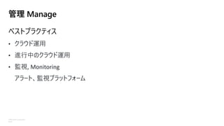 ©Microsoft Corporation
Azure
管理 Manage
ベストプラクティス
• クラウド運用
• 進行中のクラウド運用
• 監視, Monitoring
アラート、監視プラットフォーム
 