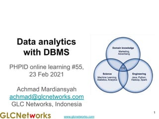 www.glcnetworks.com
Data analytics
with DBMS
PHPID online learning #55,
23 Feb 2021
Achmad Mardiansyah
achmad@glcnetworks.com
GLC Networks, Indonesia
1
 