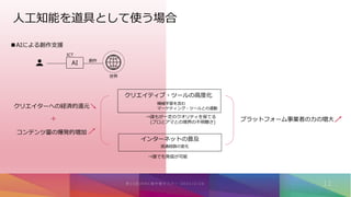 人工知能を道具として使う場合
AI
世界
創作
ICT
AIによる創作支援
クリエイティブ・ツールの高度化
機械学習を含む
マーケティング・ツールとの連動
インターネットの普及
→誰もが一定のクオリティを保てる
(プロとアマとの境界の不明瞭さ)
→誰でも発信が可能
流通経路の変化
プラットフォーム事業者の力の増大
クリエイターへの経済的還元
コンテンツ量の爆発的増加
+
 