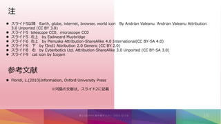 注
 Floridi, L.(2010)Information, Oxford University Press
※河島の文献は，スライド2に記載
 スライド5以降 Earth, globe, internet, browser, world icon By Andrian Valeanu Andrian Valeanu Attribution
3.0 Unported (CC BY 3.0)
 スライド5 telescope CC0，microscope CC0
 スライド5 右上 by Eadweard Muybridge
 スライド6 右上 by Plenuska Attribution-ShareAlike 4.0 International(CC BY-SA 4.0)
 スライド6 下 by f3nd1 Attribution 2.0 Generic (CC BY 2.0)
 スライド8 右 by Cyberbotics Ltd. Attribution-ShareAlike 3.0 Unported (CC BY-SA 3.0)
 スライド9 cat icon by Icojam
参考文献
 
