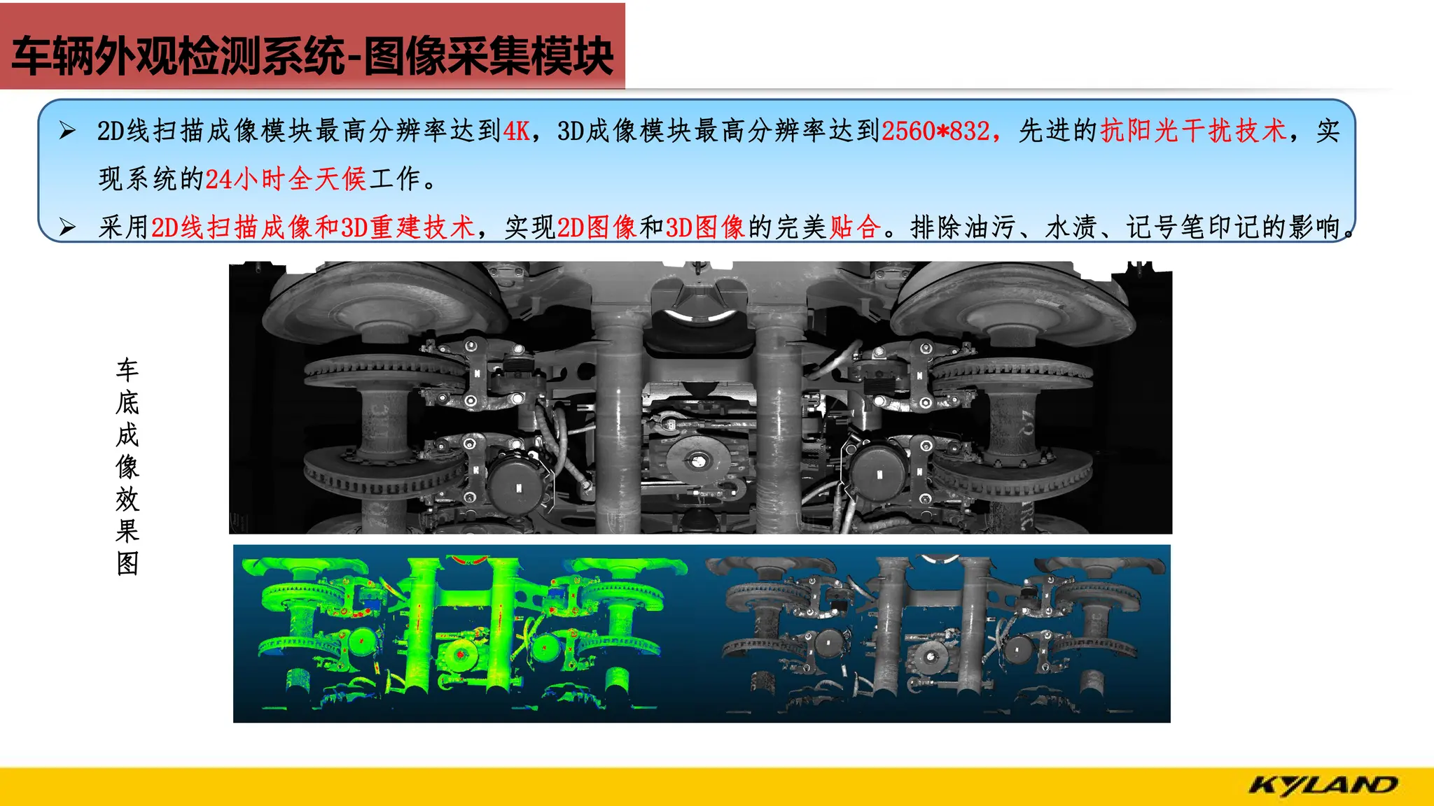 车辆外观检测系统-图像采集模块
Ø 2D线扫描成像模块最高分辨率达到4K，3D成像模块最高分辨率达到2560*832，先进的抗阳光干扰技术，实
现系统的24小时全天候工作。
Ø 采用2D线扫描成像和3D重建技术，实现2D图像和3D图像的完美贴合。排除油污、水渍、记号笔印记的影响。
车
底
成
像
效
果
图
 