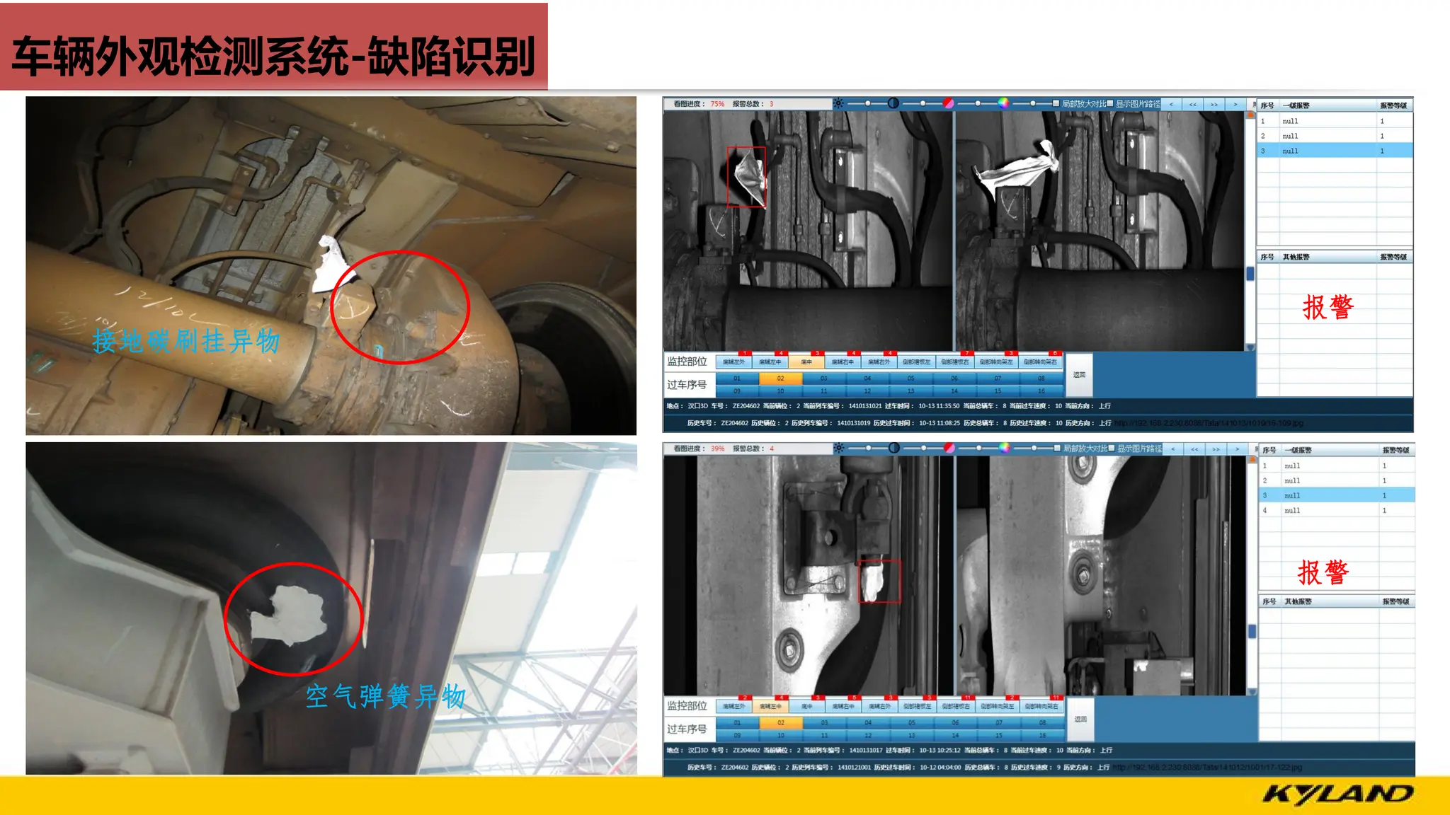 车辆外观检测系统-缺陷识别
接地碳刷挂异物
报警
空气弹簧异物
报警
 