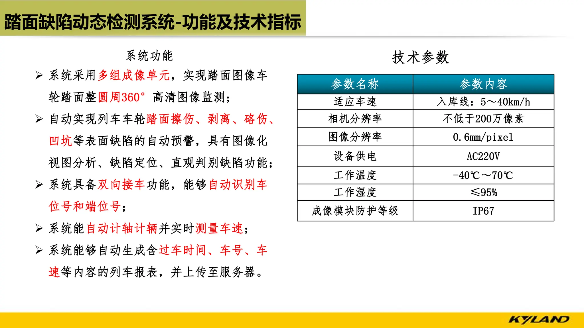 踏面缺陷动态检测系统-功能及技术指标
Ø 系统采用多组成像单元，实现踏面图像车
轮踏面整圆周360°高清图像监测；
Ø 自动实现列车车轮踏面擦伤、剥离、硌伤、
凹坑等表面缺陷的自动预警，具有图像化
视图分析、缺陷定位、直观判别缺陷功能；
Ø 系统具备双向接车功能，能够自动识别车
位号和端位号；
Ø 系统能自动计轴计辆并实时测量车速；
Ø 系统能够自动生成含过车时间、车号、车
速等内容的列车报表，并上传至服务器。
参数名称 参数内容
适应车速 入库线：5～40km/h
相机分辨率 不低于200万像素
图像分辨率 0.6mm/pixel
设备供电 AC220V
工作温度 -40℃～70℃
工作湿度 ≤95%
成像模块防护等级 IP67
技术参数
系统功能
 