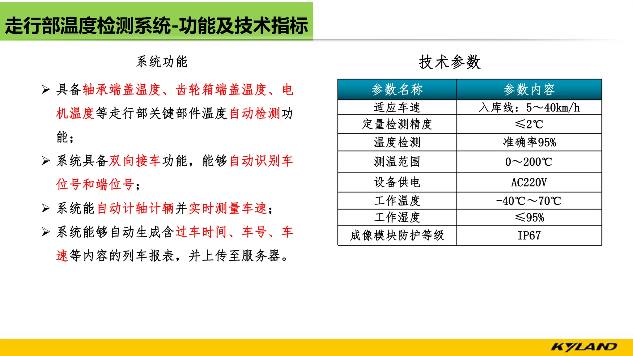 走行部温度检测系统-功能及技术指标
Ø 具备轴承端盖温度、齿轮箱端盖温度、电
机温度等走行部关键部件温度自动检测功
能；
Ø 系统具备双向接车功能，能够自动识别车
位号和端位号；
Ø 系统能自动计轴计辆并实时测量车速；
Ø 系统能够自动生成含过车时间、车号、车
速等内容的列车报表，并上传至服务器。
参数名称 参数内容
适应车速 入库线：5～40km/h
定量检测精度 ≤2℃
温度检测 准确率95%
测温范围 0～200℃
设备供电 AC220V
工作温度 -40℃～70℃
工作湿度 ≤95%
成像模块防护等级 IP67
技术参数
系统功能
 