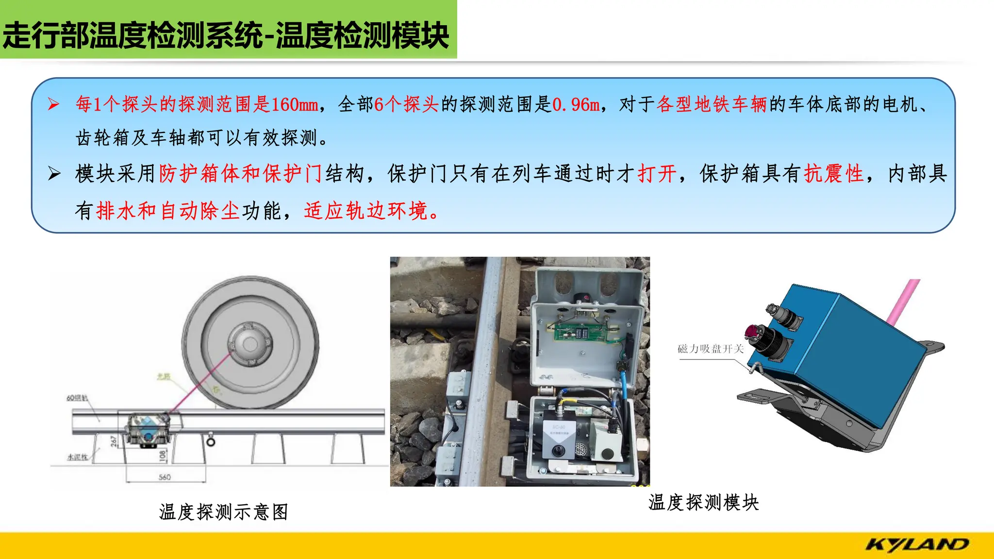 走行部温度检测系统-温度检测模块
Ø 每1个探头的探测范围是160mm，全部6个探头的探测范围是0.96m，对于各型地铁车辆的车体底部的电机、
齿轮箱及车轴都可以有效探测。
Ø 模块采用防护箱体和保护门结构，保护门只有在列车通过时才打开，保护箱具有抗震性，内部具
有排水和自动除尘功能，适应轨边环境。
温度探测示意图
温度探测模块
 