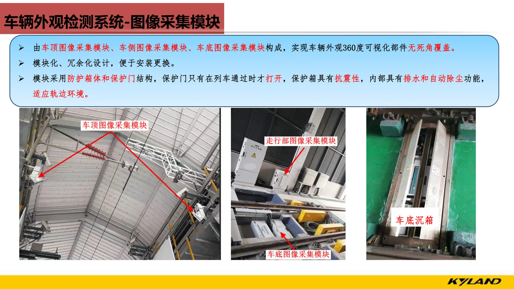 车辆外观检测系统-图像采集模块
车底沉箱
Ø 由车顶图像采集模块、车侧图像采集模块、车底图像采集模块构成，实现车辆外观360度可视化部件无死角覆盖。
Ø 模块化、冗余化设计，便于安装更换。
Ø 模块采用防护箱体和保护门结构，保护门只有在列车通过时才打开，保护箱具有抗震性，内部具有排水和自动除尘功能，
适应轨边环境。
 
