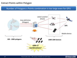 Extract Points within Polygon
PGconf.online 2021 - GPU version of PostGIS and GiST-Index
17
Number of Polygons x Points combination is too large even for GPU
Latest Location
(Point)
Area definition
(Polygon)
Mobile device
GPS
100K-10M devices
100 - 100K polygons
10M-1T
Combinations?
 