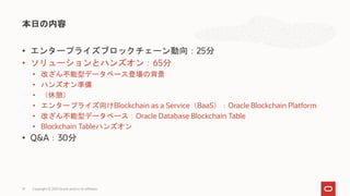 • エンタープライズブロックチェーン動向：25分
• ソリューションとハンズオン：65分
• 改ざん不能型データベース登場の背景
• ハンズオン準備
• （休憩）
• エンタープライズ向けBlockchain as a Service（BaaS）：Oracle Blockchain Platform
• 改ざん不能型データベース：Oracle Database Blockchain Table
• Blockchain Tableハンズオン
• Q&A：30分
本日の内容
Copyright © 2021 Oracle and/or its affiliates
19
 