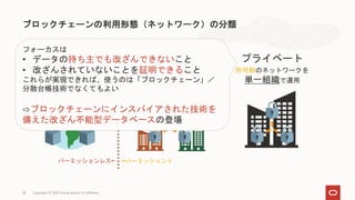 ブロックチェーンの利用形態（ネットワーク）の分類
Copyright © 2021 Oracle and/or its affiliates
パブリック
公開制のネットワークを
不特定多数で運用
コンソーシアム
許可制のネットワークを
複数組織で運用
プライベート
許可制のネットワークを
単一組織で運用
パーミッションレス← →パーミッションド
フォーカスは
• データの持ち主でも改ざんできないこと
• 改ざんされていないことを証明できること
これらが実現できれば、使うのは「ブロックチェーン」／
分散台帳技術でなくてもよい
⇨ブロックチェーンにインスパイアされた技術を
備えた改ざん不能型データベースの登場
28
 