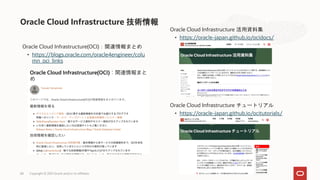 Oracle Cloud Infrastructure 技術情報
Copyright © 2021 Oracle and/or its affiliates
68
Oracle Cloud Infrastructure(OCI)：関連情報まとめ
• https://blogs.oracle.com/oracle4engineer/colu
mn_oci_links
Oracle Cloud Infrastructure 活用資料集
• https://oracle-japan.github.io/ocidocs/
Oracle Cloud Infrastructure チュートリアル
• https://oracle-japan.github.io/ocitutorials/
 