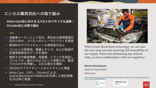 With Oracle blockchain technology we can take
the next step towards ensuring full traceability of
our supply chain and minimizing any related
risks, in close collaboration with our suppliers.”
Martina Buchhauser
Head of Procurement,
Volvo Cars
•
•
•
•
•
•
+
https://blogs.oracle.com/blockchain/the-next-generation-of-electric-cars-verified-by-blockchain
https://youtu.be/PVp3BlzYDCg
Copyright © 2021 Oracle and/or its affiliates
9
 