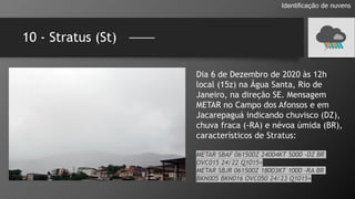 10 - Stratus (St)
Identificação de nuvens
Dia 6 de Dezembro de 2020 às 12h
local (15z) na Água Santa, Rio de
Janeiro, na direção SE. Mensagem
METAR no Campo dos Afonsos e em
Jacarepaguá indicando chuvisco (DZ),
chuva fraca (-RA) e névoa úmida (BR),
característicos de Stratus:
METAR SBAF 061500Z 24004KT 5000 -DZ BR
OVC015 24/22 Q1015=
METAR SBJR 061500Z 18003KT 1000 -RA BR
BKN005 BKN016 OVC050 24/23 Q1015=
 