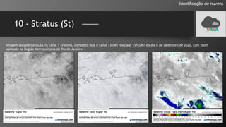 10 - Stratus (St)
Identificação de nuvens
Imagem do satélite GOES 16 canal 1 (visível), composto RGB e canal 13 (IR) realçado 15h GMT do dia 6 de Dezembro de 2020, com zoom
aplicado na Região Metropolitana do Rio de Janeiro.
 