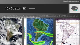 10 - Stratus (St)
Identificação de nuvens
Imagem do satélite NOAA-20, composto Truecolor, na passagem entre 16h e 18h GMT, Carta de altitude das 18z do CPTEC, além de carta de carta
de superfície da Redemet das 12z. Todos do dia 6 de Dezembro de 2020.
 