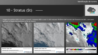 10 - Stratus (St)
Identificação de nuvens
Imagem do satélite GOES 16 canal 1 (visível), composto RGB e canal 13 (IR) realçado 19h30min GMT do dia 6 de Fevereiro de 2021, com zoom
aplicado na Região Metropolitana do Rio de Janeiro.
 