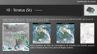 10 - Stratus (St)
Identificação de nuvens
Imagem do satélite GOES 16 canal 13 (IR) das 18h GMT, Carta de altitude e pressão ao nível do mar das 19h30 GMT do INMET, além de carta de
carta de superfície do DHN das 12z. Todos do dia 6 de Fevereiro de 2021.
Havia presença da Zona de Convergência do Atlântico Sul (ZACAS) atuando
sobre o Estado do Rio e boa parte da Região Sudeste.
 