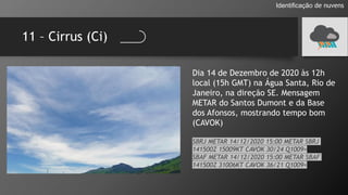 11 – Cirrus (Ci)
Identificação de nuvens
Dia 14 de Dezembro de 2020 às 12h
local (15h GMT) na Água Santa, Rio de
Janeiro, na direção SE. Mensagem
METAR do Santos Dumont e da Base
dos Afonsos, mostrando tempo bom
(CAVOK)
SBRJ METAR 14/12/2020 15:00 METAR SBRJ
141500Z 15009KT CAVOK 30/24 Q1009=
SBAF METAR 14/12/2020 15:00 METAR SBAF
141500Z 31006KT CAVOK 36/21 Q1009=
 