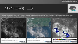 11 – Cirrus (Ci)
Identificação de nuvens
Imagem do satélite GOES 16 canal 1 (visível), composto RGB e canal 13 (IR) realçado 15h GMT do dia 14 de Dezembro de 2020, com zoom
aplicado na Região Metropolitana do Rio de Janeiro.
 