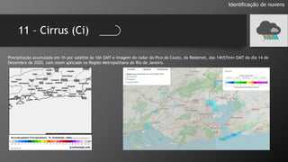 11 – Cirrus (Ci)
Identificação de nuvens
Precipitação acumulada em 1h por satélite às 16h GMT e imagem do radar do Pico do Couto, da Redemet, das 14h57min GMT do dia 14 de
Dezembro de 2020, com zoom aplicado na Região Metropolitana do Rio de Janeiro.
 