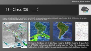 11 – Cirrus (Ci)
Identificação de nuvens
Imagem do satélite GOES 16 canal 13 (IR) das 15h GMT, Carta de altitude e cartas sinóticas de superfície das 18z do CPTEC, além de carta de
carta de superfície do DHN das 12z. Todos do dia 14 de Dezembro de 2020.
Havia uma frente ao Sul de São Paulo na carta do DHN. Na carta de superfície
do CPTEC há configuração de ZCAS na altura de São Paulo. Há atuação da Alta
Subtropical do Atlântico Sul no oceano próximo do estado do Rio de Janeiro.
 