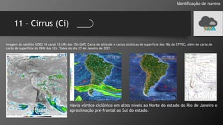 11 – Cirrus (Ci)
Identificação de nuvens
Imagem do satélite GOES 16 canal 13 (IR) das 15h GMT, Carta de altitude e cartas sinóticas de superfície das 18z do CPTEC, além de carta de
carta de superfície do DHN das 12z. Todos do dia 27 de Janeiro de 2021.
Havia vórtice ciclônico em altos níveis ao Norte do estado do Rio de Janeiro e
aproximação pré-frontal ao Sul do estado.
 