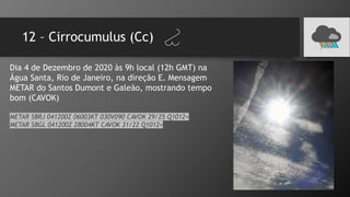 12 – Cirrocumulus (Cc)
Dia 4 de Dezembro de 2020 às 9h local (12h GMT) na
Água Santa, Rio de Janeiro, na direção E. Mensagem
METAR do Santos Dumont e Galeão, mostrando tempo
bom (CAVOK)
METAR SBRJ 041200Z 06003KT 030V090 CAVOK 29/25 Q1012=
METAR SBGL 041200Z 28004KT CAVOK 31/22 Q1012=
 