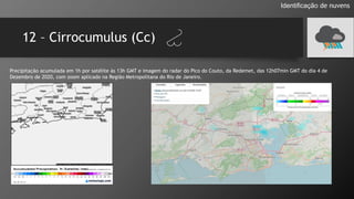 12 – Cirrocumulus (Cc)
Identificação de nuvens
Precipitação acumulada em 1h por satélite às 13h GMT e imagem do radar do Pico do Couto, da Redemet, das 12h07min GMT do dia 4 de
Dezembro de 2020, com zoom aplicado na Região Metropolitana do Rio de Janeiro.
 