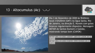 13 – Altocumulus (Ac)
Dia 3 de Dezembro de 2020 às 9h20min
local (12h20min GMT) na Água Santa, Rio
de Janeiro, na direção E. Nuvem com grãos
brancos regularmente dispostos. Mensagem
METAR do Santos Dumont e Galeão,
mostrando tempo bom (CAVOK)
METAR SBRJ 031200Z 33005KT 280V350 CAVOK 28/22
Q1013=
METAR SBGL 031200Z 01007KT 9999 FEW020 28/21
Q1013=
 