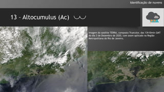 13 – Altocumulus (Ac)
Identificação de nuvens
Imagem do satélite TERRA, composto Truecolor, das 13h10min GMT
do dia 3 de Dezembro de 2020, com zoom aplicado na Região
Metropolitana do Rio de Janeiro.
 