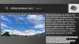 13 – Altocumulus (Ac)
Dia 8 de Dezembro de 2020 às 12h
local (15h GMT) na Água Santa, Rio de
Janeiro, na direção E. Céu muito
bonito, com vários tipos de nuvens,
vamos analisar aquelas com grãos
brancos regularmente dispostos na
parte superior da foto. Mensagem
METAR do Santos Dumont e Galeão,
mostrando tempo bom (CAVOK)
METAR SBRJ 081500Z 15009KT 6000 -RA SCT010
BKN020 OVC090 21/20 Q1013=
METAR SBGL 081500Z 15010KT 9999 SCT008
BKN030 OVC035 22/20 Q1014 RETS=
 