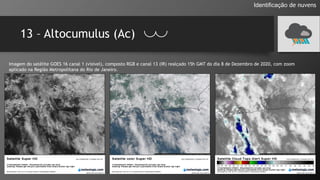 13 – Altocumulus (Ac)
Identificação de nuvens
Imagem do satélite GOES 16 canal 1 (visível), composto RGB e canal 13 (IR) realçado 15h GMT do dia 8 de Dezembro de 2020, com zoom
aplicado na Região Metropolitana do Rio de Janeiro.
 
