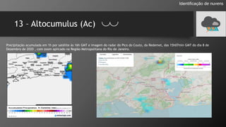 13 – Altocumulus (Ac)
Identificação de nuvens
Precipitação acumulada em 1h por satélite às 16h GMT e imagem do radar do Pico do Couto, da Redemet, das 15h07min GMT do dia 8 de
Dezembro de 2020 , com zoom aplicado na Região Metropolitana do Rio de Janeiro.
 