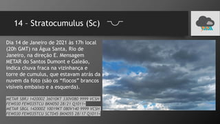 14 – Stratocumulus (Sc)
Dia 14 de Janeiro de 2021 às 17h local
(20h GMT) na Água Santa, Rio de
Janeiro, na direção E. Mensagem
METAR do Santos Dumont e Galeão,
indica chuva fraca na vizinhança e
torre de cumulus, que estavam atrás da
nuvem da foto (são os “flocos” brancos
visíveis embaixo e a esquerda).
METAR SBRJ 142000Z 36010KT 330V080 9999 VCSH
FEW030 FEW035TCU BKN050 28/21 Q1011=
METAR SBGL 142000Z 10019KT 080V140 9999 VCSH
FEW030 FEW035TCU SCT045 BKN055 28/17 Q1011=
 